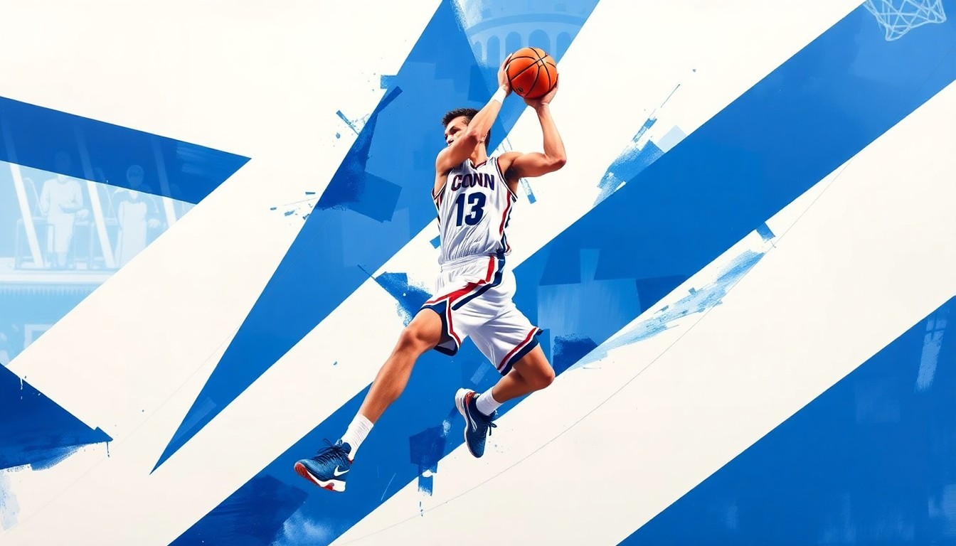 A cubist, geometric painting depicting the overlapping movements and skills of a basketball player, rendered in vibrant shades of blue and white to represent the UConn Huskies.