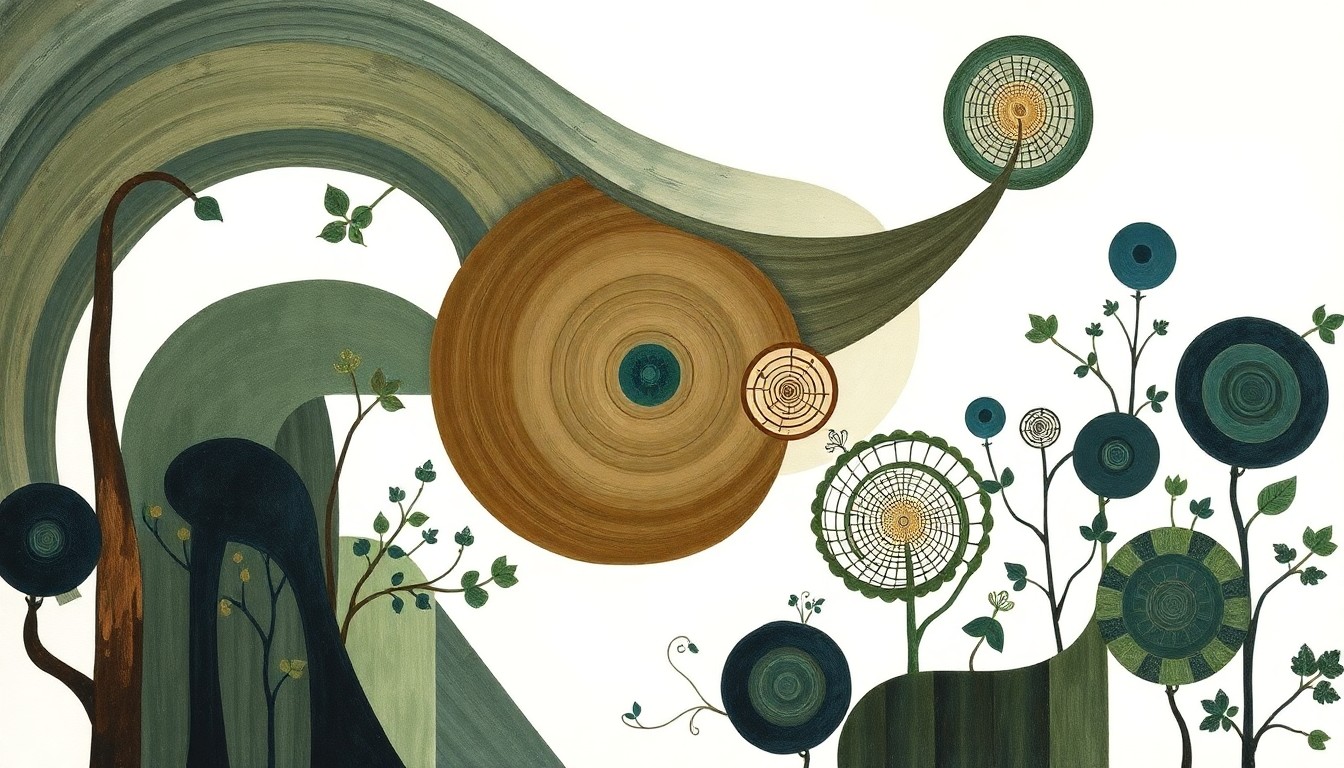 An abstract, highly structured painting in muted earthy tones, featuring sweeping geometric arcs, concentric circles, and precise botanical spirals, conveying the complex interconnected systems of a forest ecosystem.
