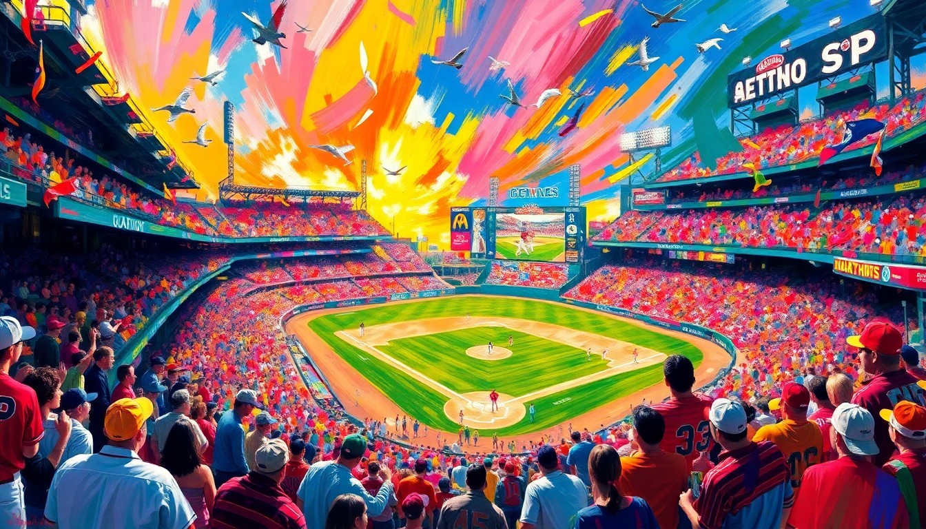 A highly textured, energetic painting in neon colors depicting the frenetic atmosphere of a packed baseball stadium on Opening Day, with players and fans blending together in a dynamic, abstract scene.