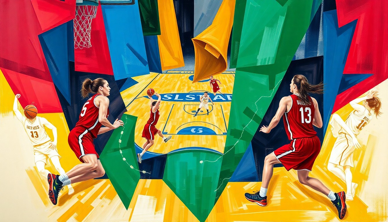 A cubist, geometric painting depicting a women's basketball game, with the players and court fragmented into sharp, overlapping shapes in vibrant team colors.