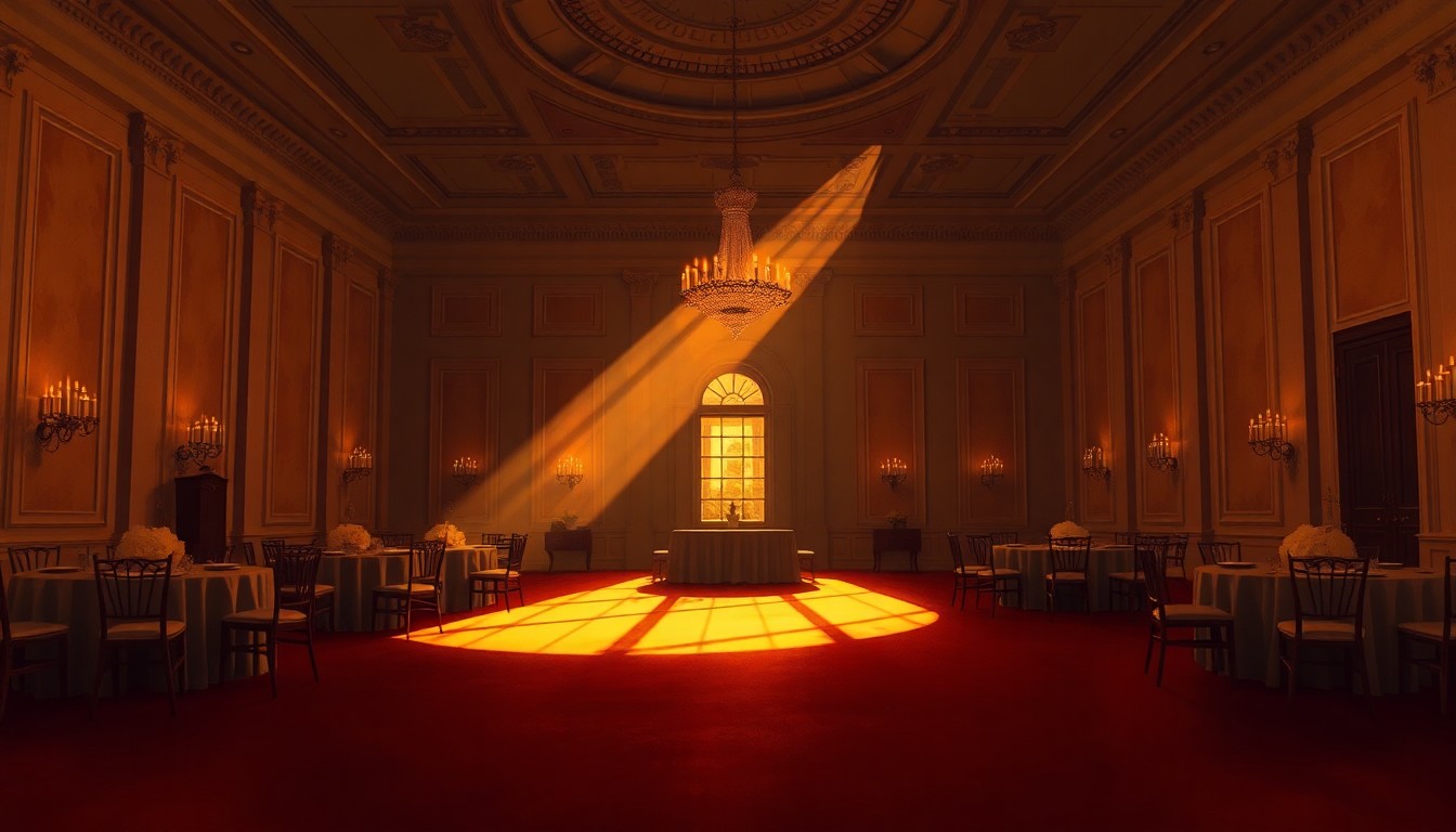 A serene, cinematic painting of an empty, sunlit White House ballroom, capturing the quiet tension and political complexities surrounding the administration's renovation plans.