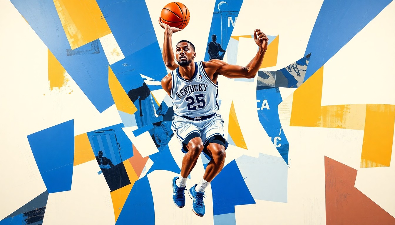 A cubist, geometric painting depicting a basketball player's movements broken down into overlapping planes of bright blue and white colors.