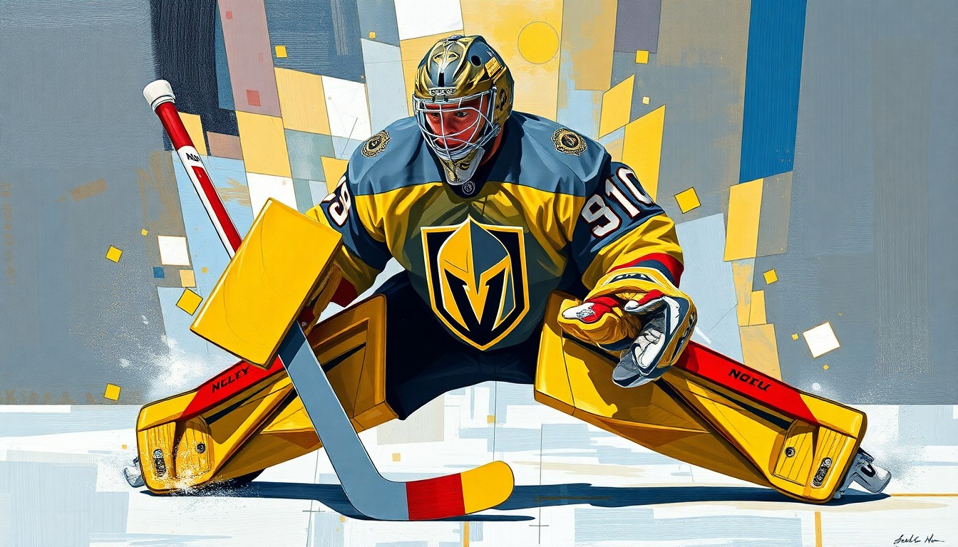 A cubist-style painting depicting a hockey goaltender making a save, with the player's form broken down into sharp, overlapping geometric shapes in the Golden Knights' team colors of gold, steel gray, and red.