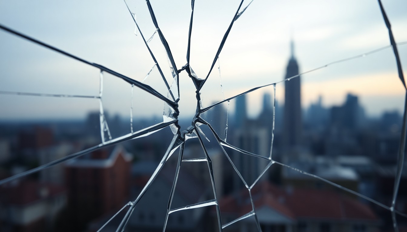 An extreme close-up photograph of a cracked, shattered mirror reflecting a faint, distorted image of a city skyline, conceptually representing the fragmented nature of the housing crisis.