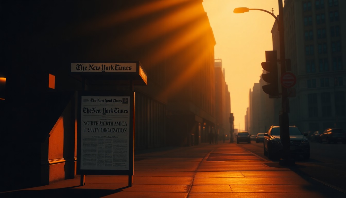 A cinematic painting of a lone newspaper stand on a dimly lit city street, with warm sunlight and deep shadows. The newspaper stand displays the front page of the New York Times with the incorrect 'North American Treaty Organization' headline, conceptually illustrating the publication's factual error.