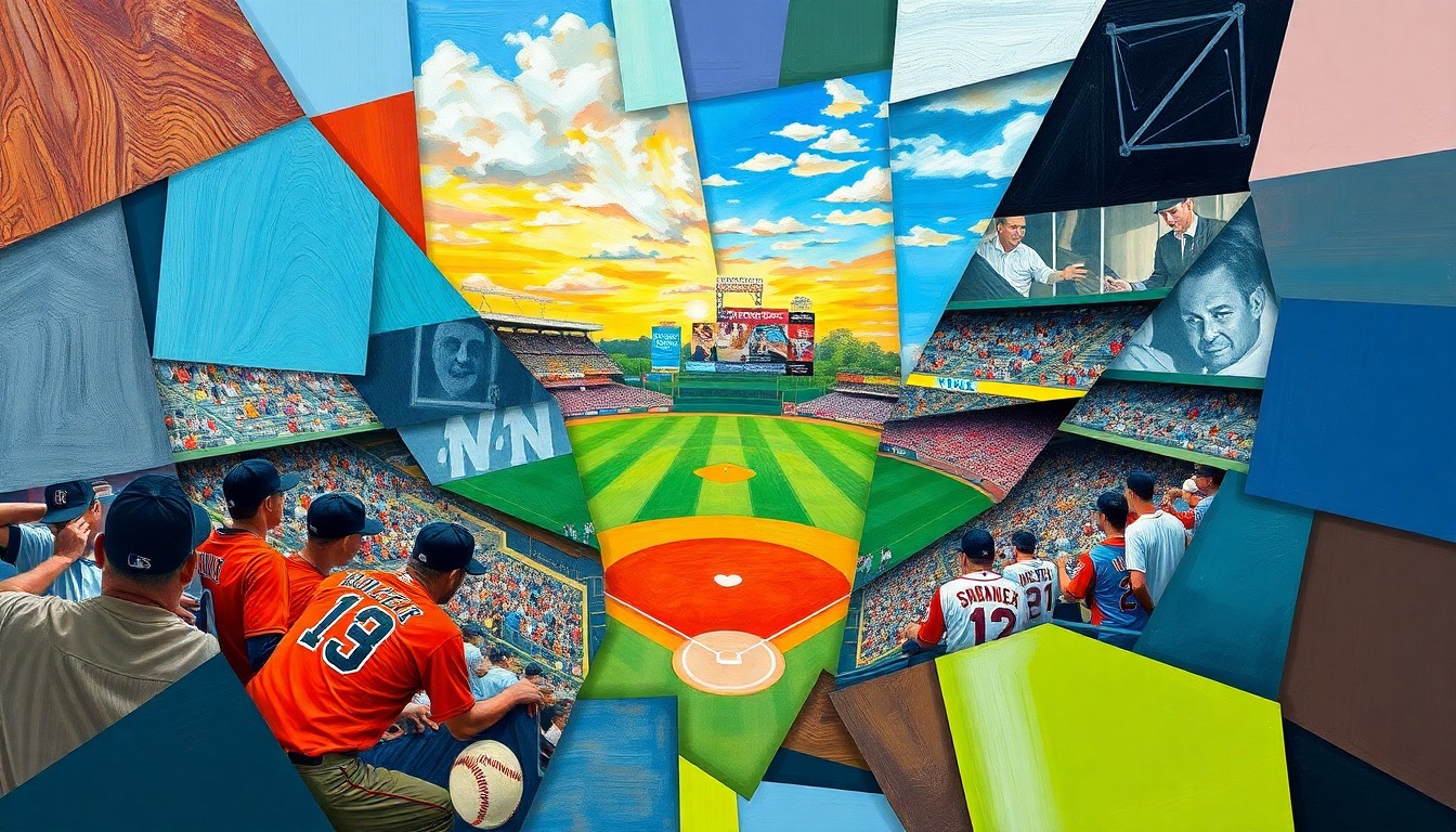 A fractured, cubist-style painting depicting a baseball game at Covenant Health Park, with the players and field broken down into sharp, overlapping geometric shapes in the team's vibrant colors.
