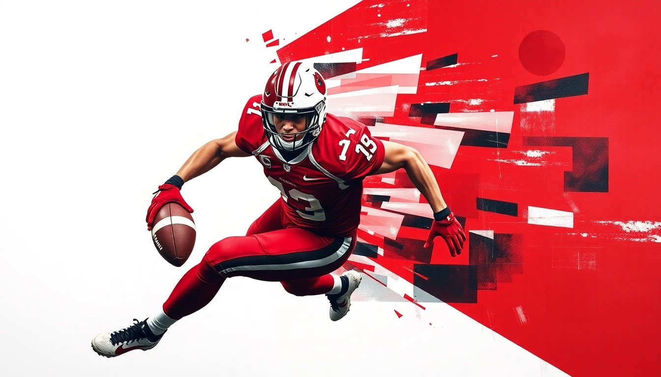 A fragmented, geometric painting in bold crimson, white, and black colors, depicting the dynamic movements of a college football running back in motion.