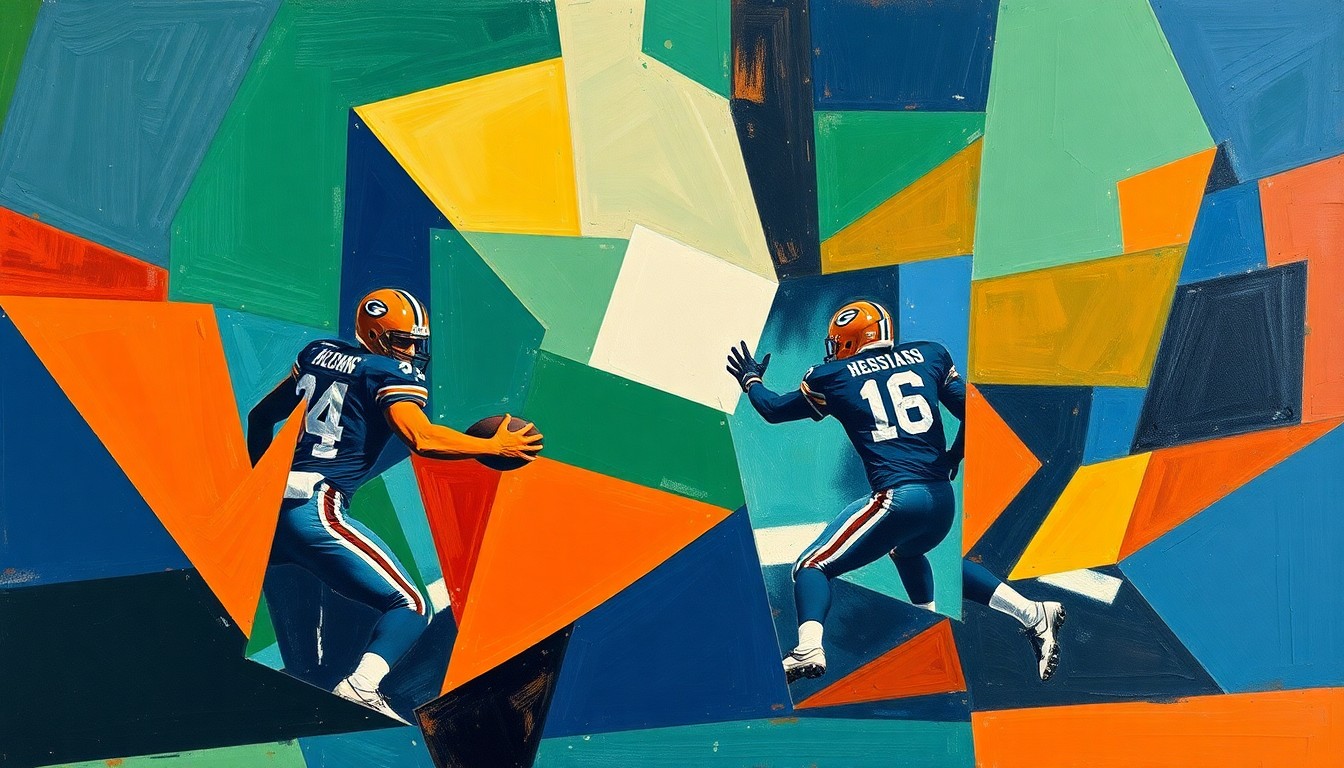A fragmented, cubist-style painting depicting a football player in motion, with sharp geometric shapes and planes of navy, green, and orange colors representing the deconstructed action on the field.