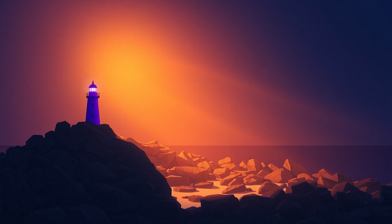 A serene, cinematic painting of a solitary lighthouse on a rocky coastline, its beacon glowing in a warm, purple light that reflects the resilience and quiet courage of military children.