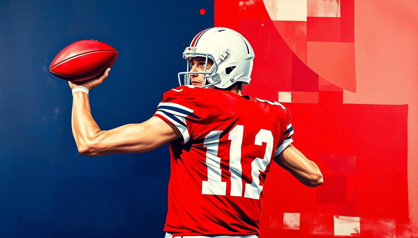 A cubist, geometric illustration depicting the fragmented movements of a college football quarterback dropping back to pass, with sharp planes of crimson, white, and navy blue colors.