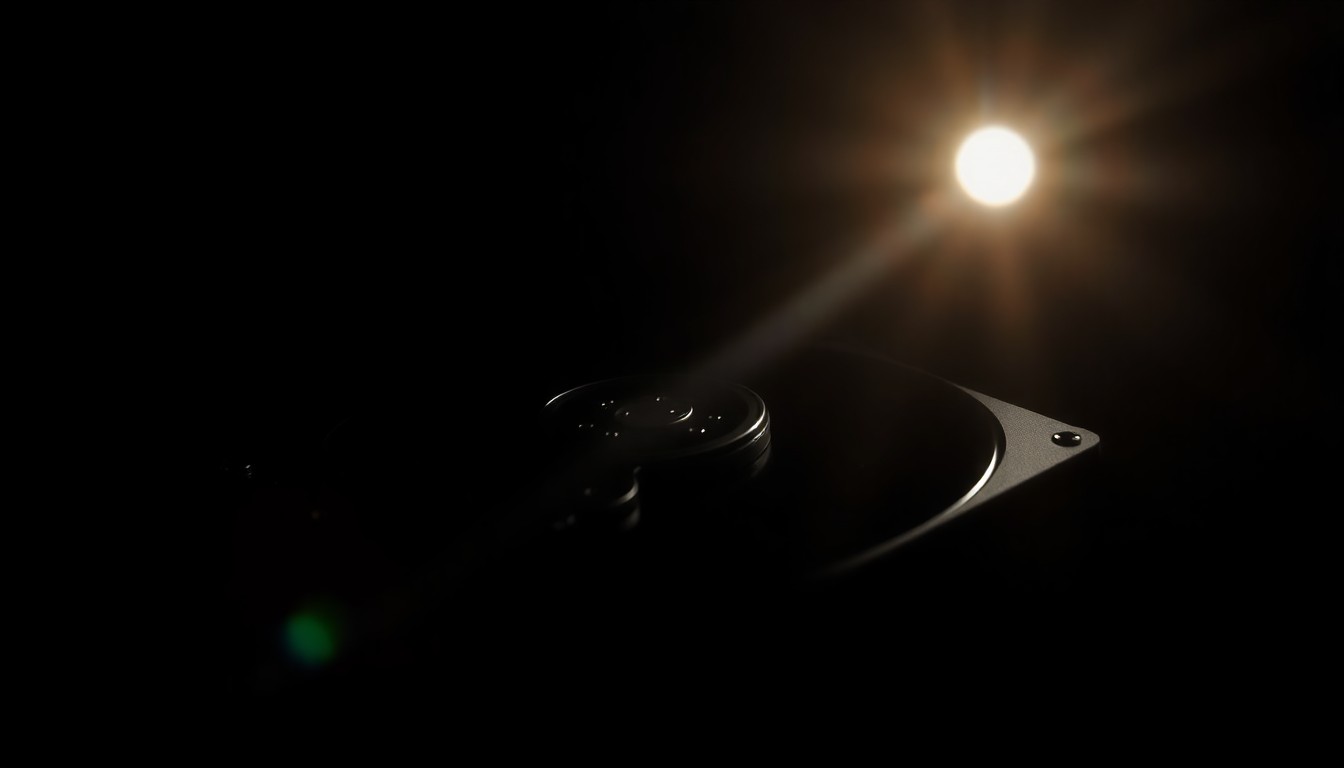 An extreme close-up photograph of a computer server hard drive, its metallic surface reflecting the harsh light of a direct camera flash, conveying a sense of the technical complexity and high-stakes nature of the cybercrime case.