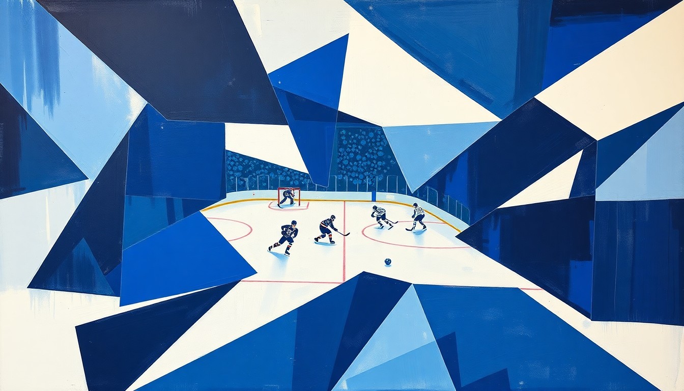 A cubist, geometric painting depicting a fragmented hockey game, with overlapping planes of navy blue, royal blue, and white, capturing the dynamic energy and movement of the sport.