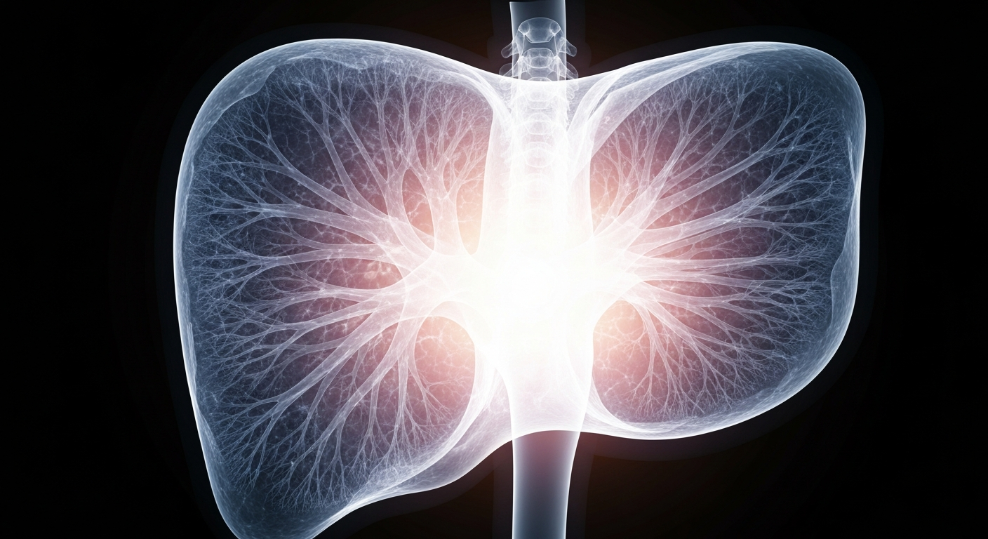 A ghostly, translucent X-ray image reveals the intricate structure of a human liver, glowing with an inner light against a dark background, conveying the fragility and complexity of the organ as well as the hope of renewal through transplantation.