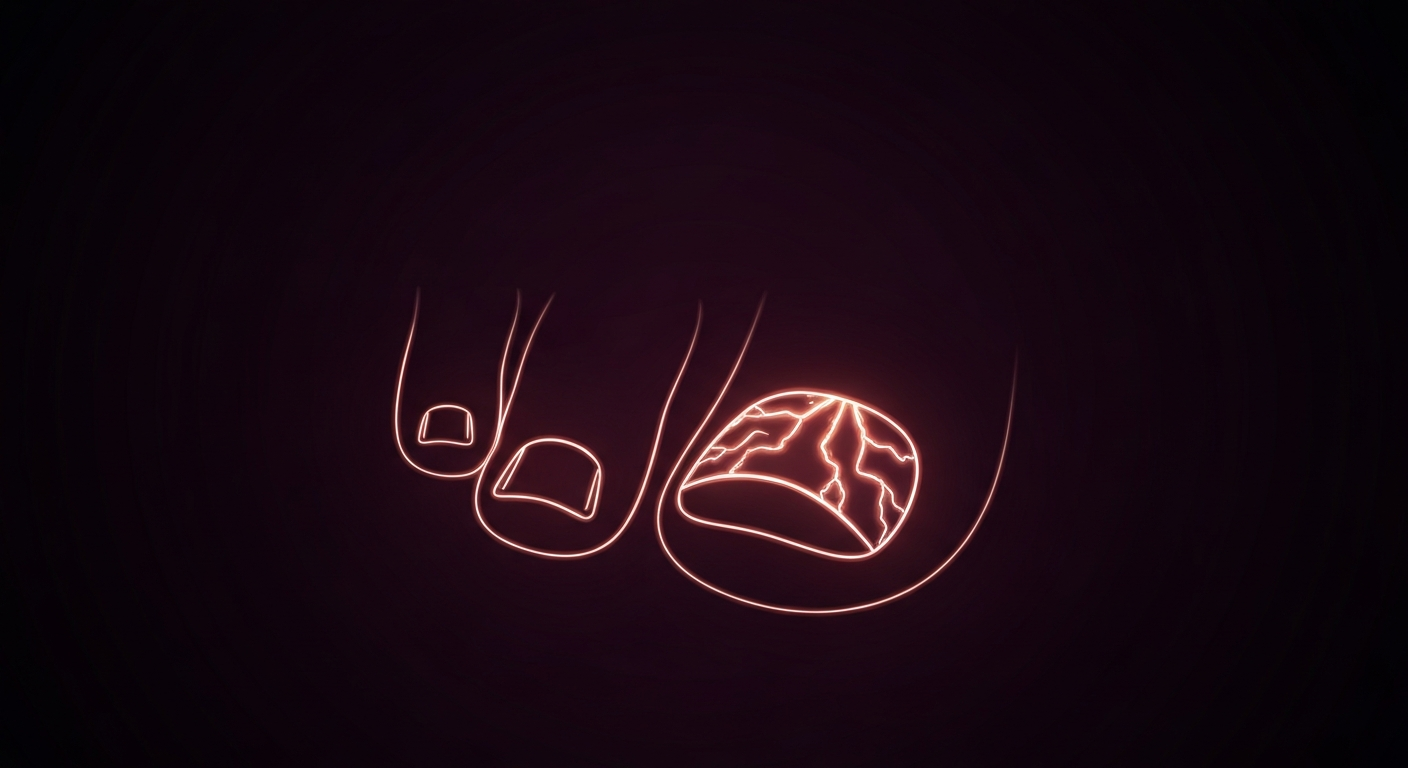 A minimalist design in the style of Keith Haring where a human toenail is defined entirely by vibrant, glowing neon lines against a dark background, conceptually representing the internal structures and electrical energy of a healthy nail.