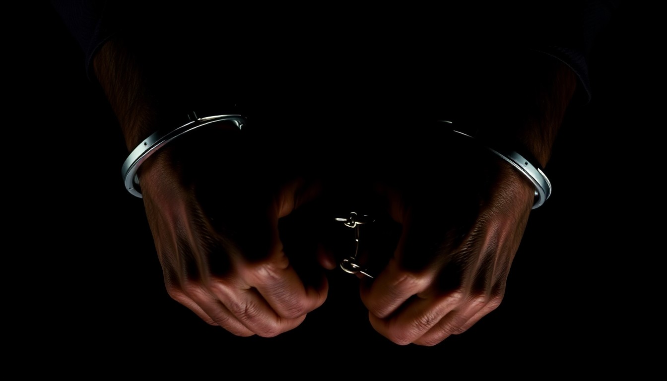 An extreme close-up photograph of Tiger Woods' handcuffed wrists and inmate uniform, lit by a harsh, direct camera flash against a pitch-black background, creating a stark, gritty, investigative aesthetic.