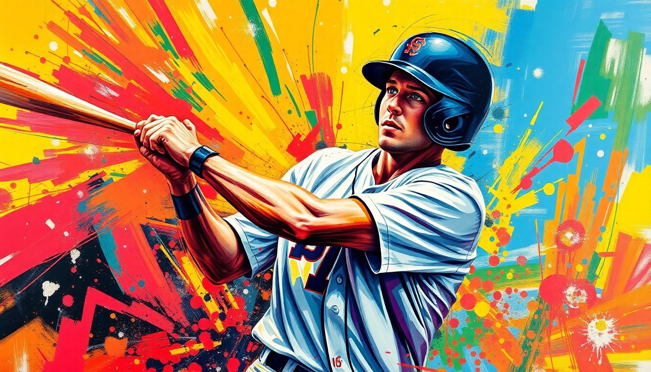An extreme close-up of a baseball player's batting motion, with vibrant neon brushstrokes and a sense of raw, kinetic energy, conceptually representing the dynamic start to Chase DeLauter's MLB career.