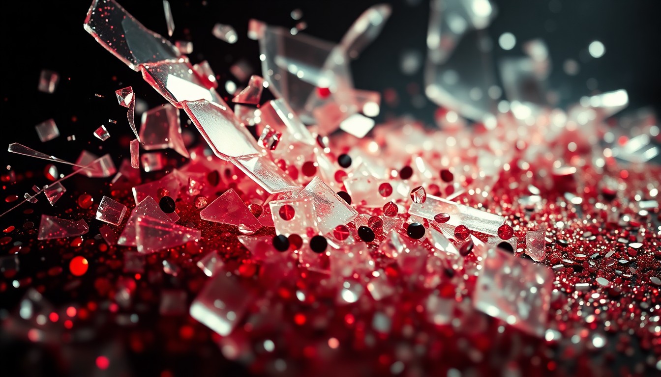 An extreme close-up image featuring a dramatic, high-contrast composition of shattered glass and glittering sequins, conveying the visual style and conceptual themes of classic Hollywood crime cinema.