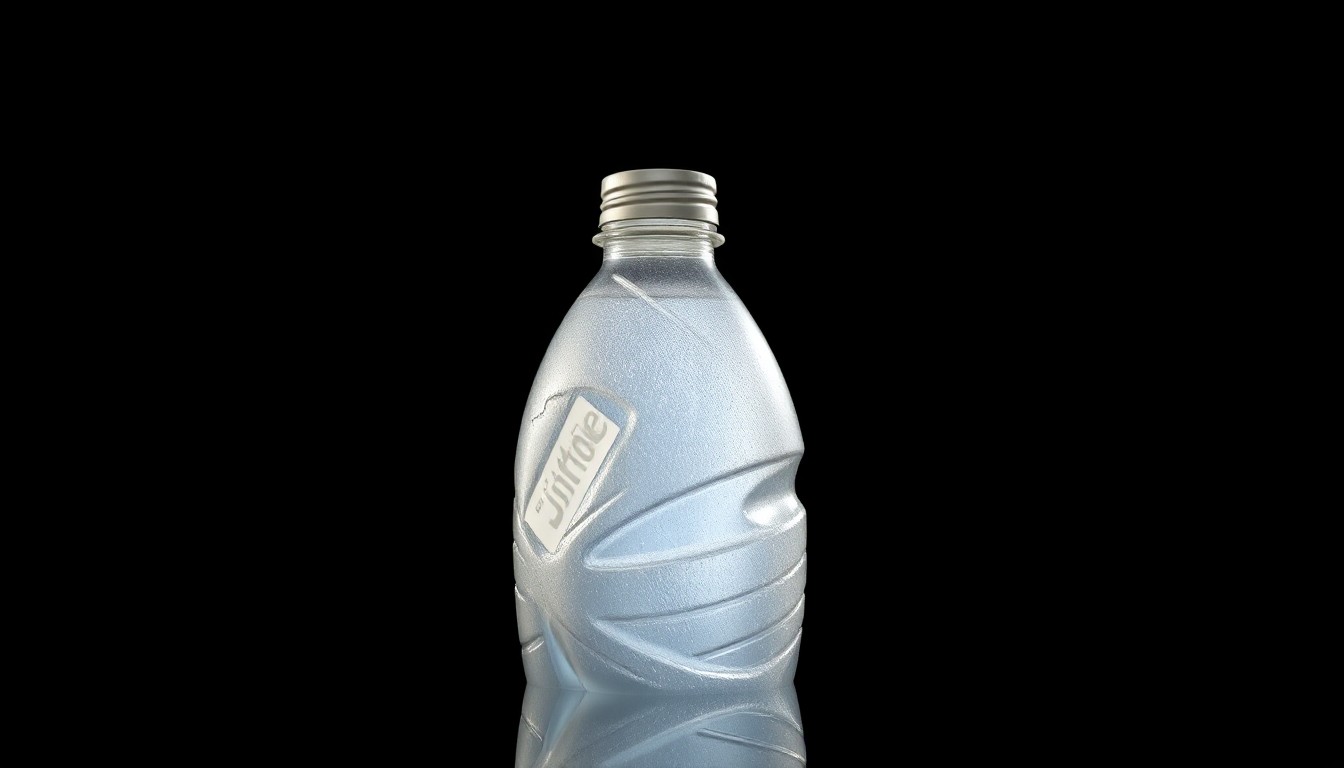 An extreme close-up photograph of a crumpled, dented metal water bottle against a pitch-black background, conveying a stark, gritty, and investigative aesthetic.