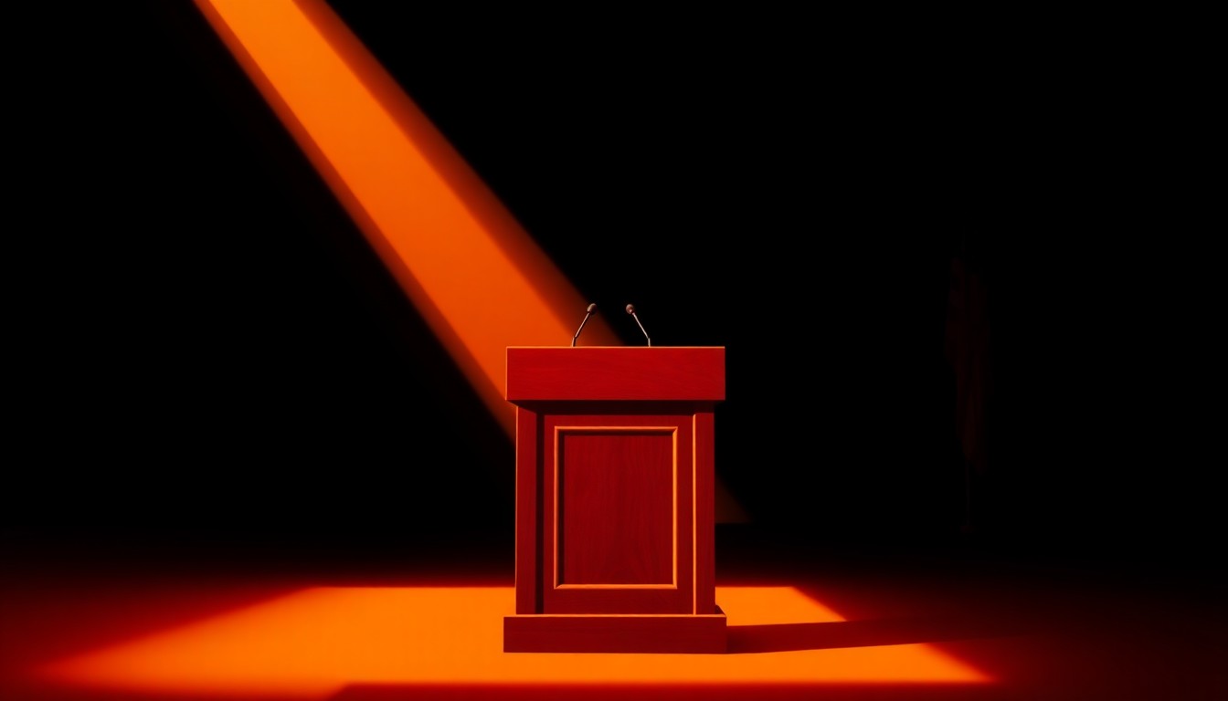 A cinematic painting of a solitary city council podium, bathed in warm, diagonal sunlight and deep shadows, evoking a sense of political tension and division.