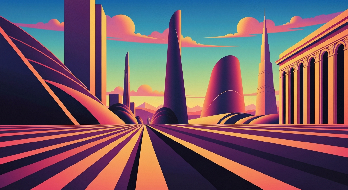 A bold, geometric illustration in shades of blue and gray, depicting a towering, streamlined travel bag with a sleek, airbrushed gradient background, capturing the grand scale and futuristic design of Black Voyage's innovative luggage solutions.