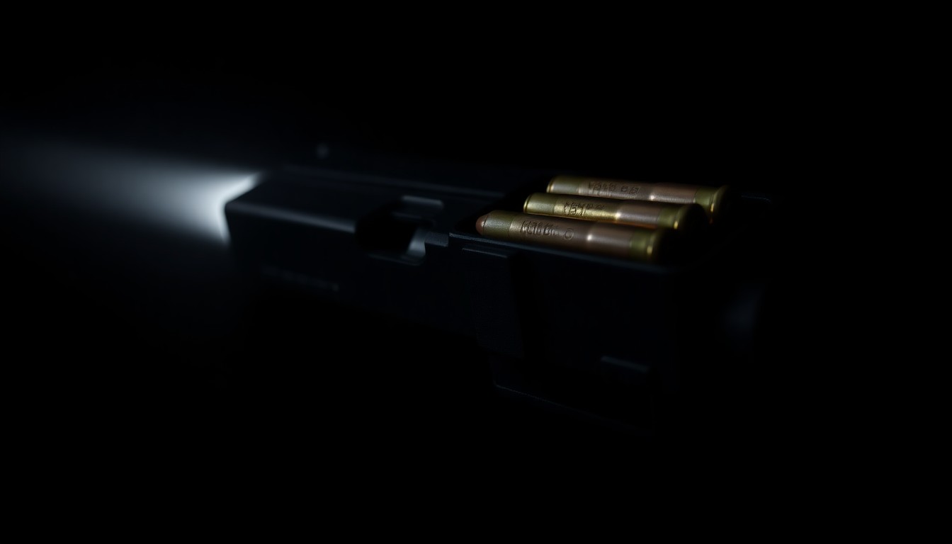 An extreme close-up photograph of a black handgun magazine loaded with ammunition, lit by a harsh, direct camera flash against a pitch-black background, creating a stark, gritty, investigative aesthetic.