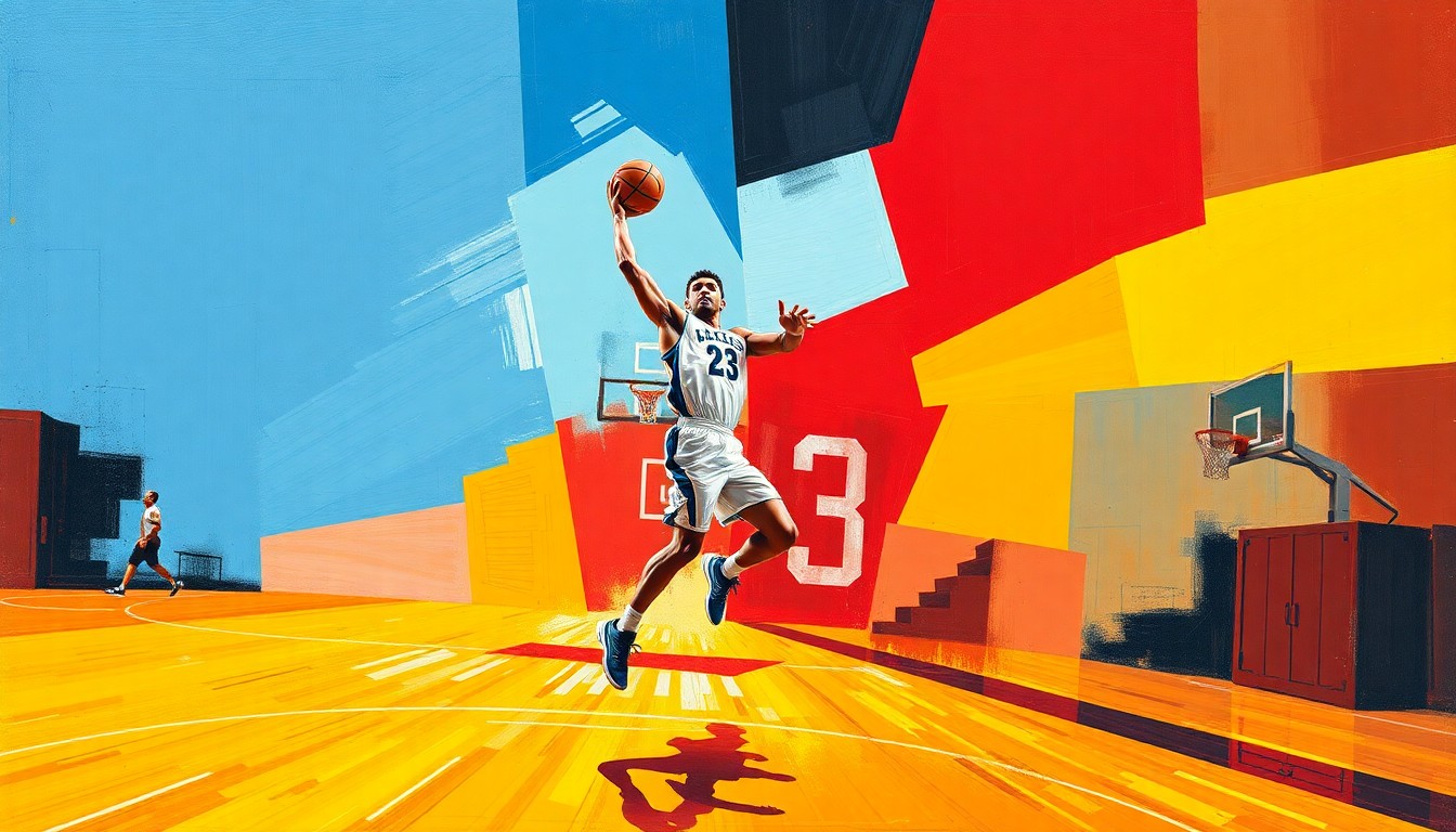 A dynamic, cubist-style painting depicting a college basketball player in motion, with their figure broken down into overlapping geometric shapes in a vibrant color palette, conveying the energy and potential of the team's rising star.