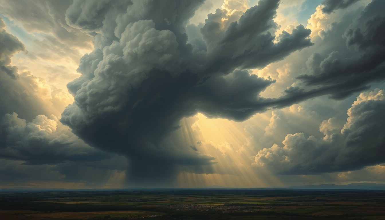 A dramatic landscape painting in the style of Caspar David Friedrich, featuring a stormy sky with swirling clouds and rays of light breaking through, dwarfing a small town or rural area in the foreground and conveying the sublime power of a severe thunderstorm.