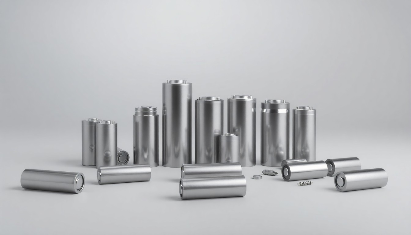 A high-end, photorealistic studio still-life photograph featuring a collection of sleek, metallic battery cells and components arranged elegantly on a clean, monochromatic seamless background, conceptually representing the abstract corporate strategy and market forces impacting the battery manufacturing industry.
