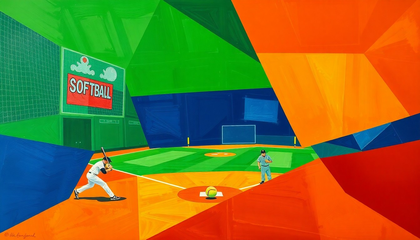 A fragmented, cubist-style painting depicting a softball game, with sharp geometric shapes in bright green, navy blue, and orange representing the dynamic action on the field.
