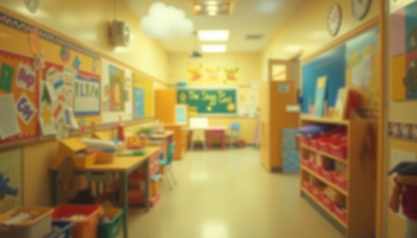 An abstract, impressionistic scene of a school hallway or classroom, with blurred shapes and colors representing children's artwork, school supplies, and other educational elements, conveying a sense of warmth, community, and inclusivity.