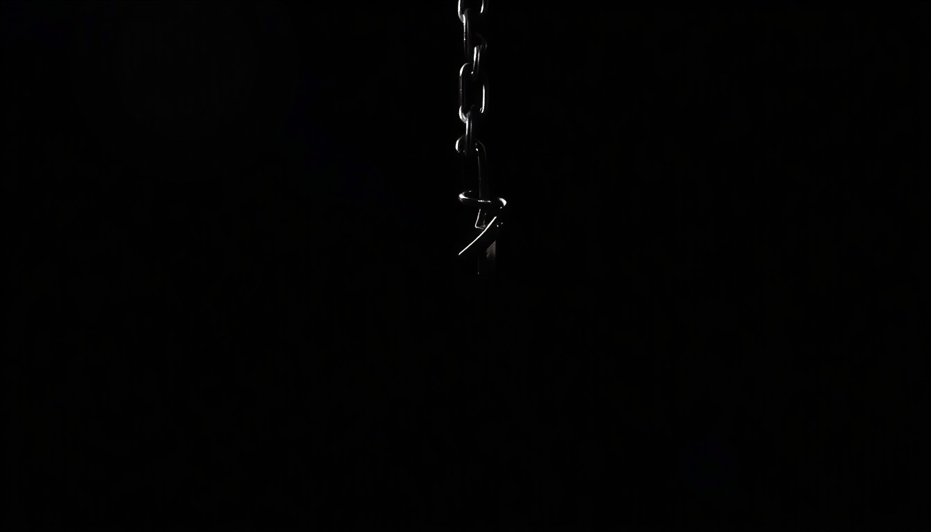 An extreme close-up photograph of a metal handcuff against a pitch-black background, creating a stark, gritty, and investigative aesthetic through the use of harsh, direct flash lighting.