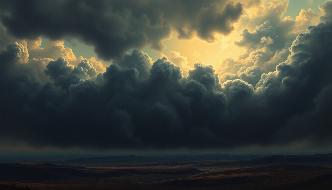 A sweeping, atmospheric landscape painting in muted tones, with a massive plume of dark smoke billowing up from the distant horizon, conceptually representing the scale and impact of a fuel tanker accident.