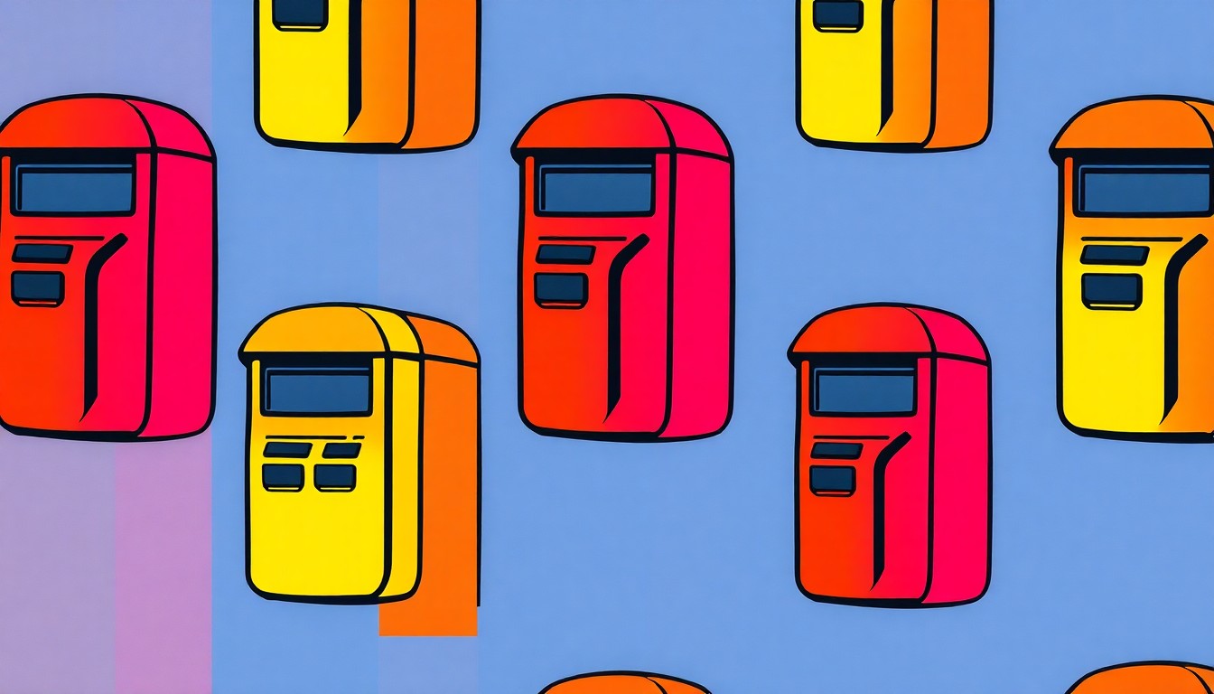 A bold, abstract grid of brightly colored parking meter icons, conceptually representing the city's efforts to update its downtown parking infrastructure.