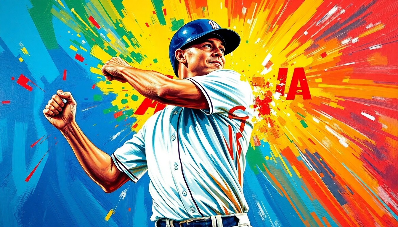 An abstract, energetic painting with bold, neon-colored brushstrokes that capture the raw emotion and excitement of a baseball player's MLB debut.