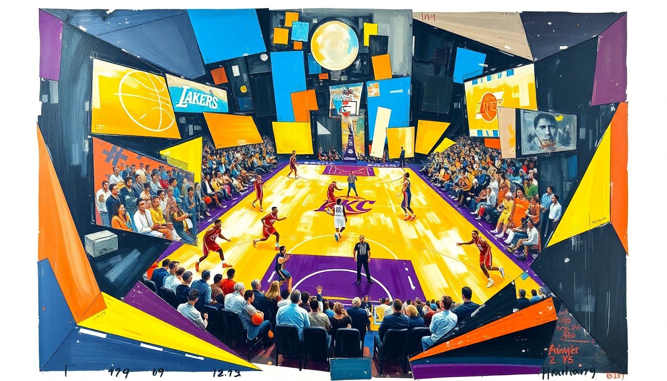 A fragmented, geometric painting depicting a basketball game, with sharp, overlapping planes of color and form representing the intensity and energy of the lopsided matchup between the Lakers and Thunder.