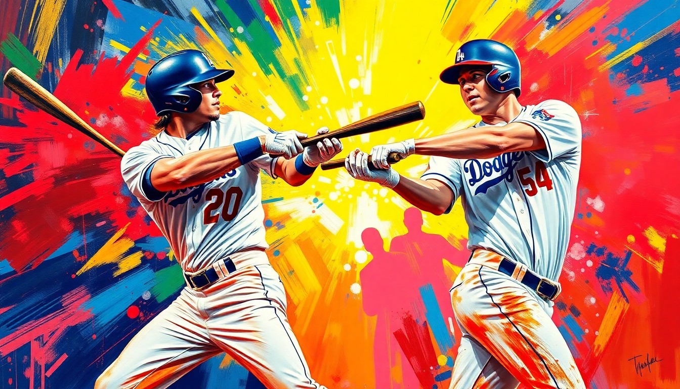 An abstract, energetic painting in neon colors depicting the powerful batting motions and home run swings of Dodgers players, conveying the raw athleticism and offensive dominance of the team.