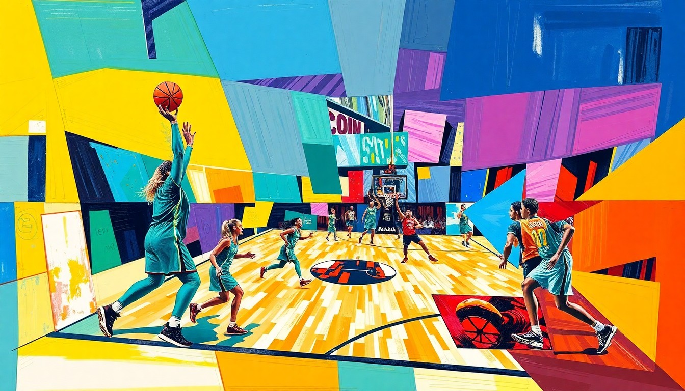 A cubist, geometric painting depicting a fragmented WNBA basketball game, with sharp planes of color representing the competing teams and the dynamic action on the court.