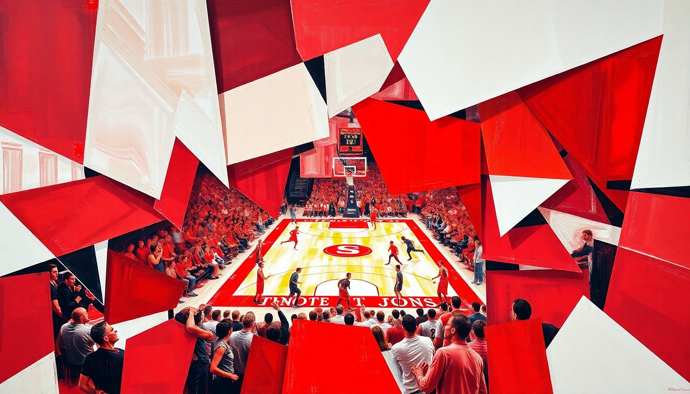 A fractured, cubist-style painting depicting a St. John's basketball game, with the court and players broken down into sharp, overlapping geometric shapes in the team's red and white colors, conveying the dynamic energy and unexpected success of the Red Storm's season.