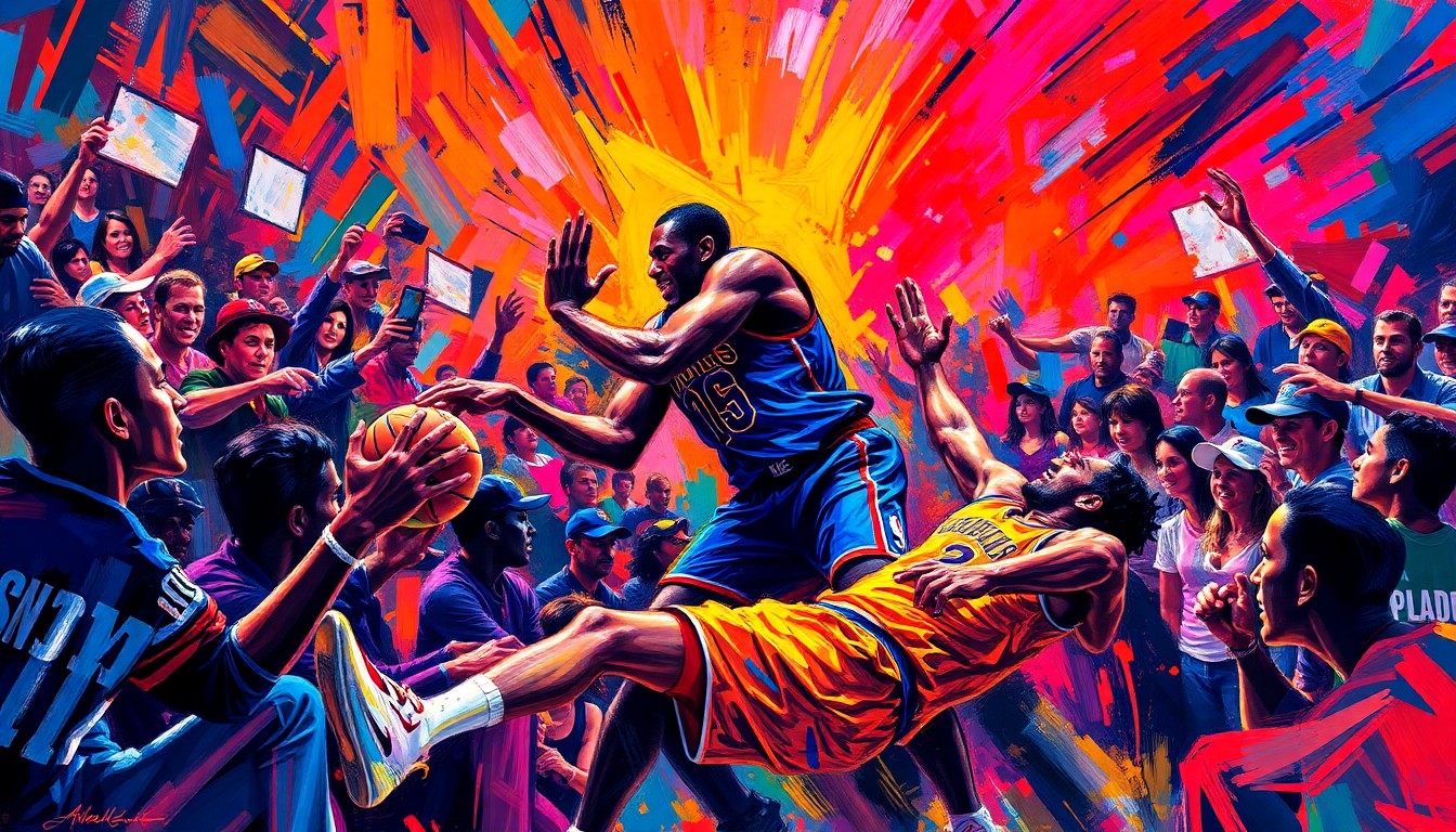 An abstract, energetic painting featuring bold, neon-colored brushstrokes that convey the intensity and emotion of an NBA player confronting a taunting fan in the crowd, conceptually illustrating the growing tensions between players and unruly spectators.
