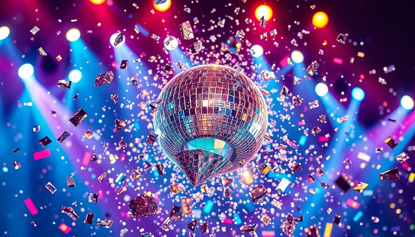 An abstract close-up photograph of shimmering, fragmented disco ball pieces reflecting colorful stage lighting, conveying the energetic, glamorous atmosphere of a Babymetal concert.