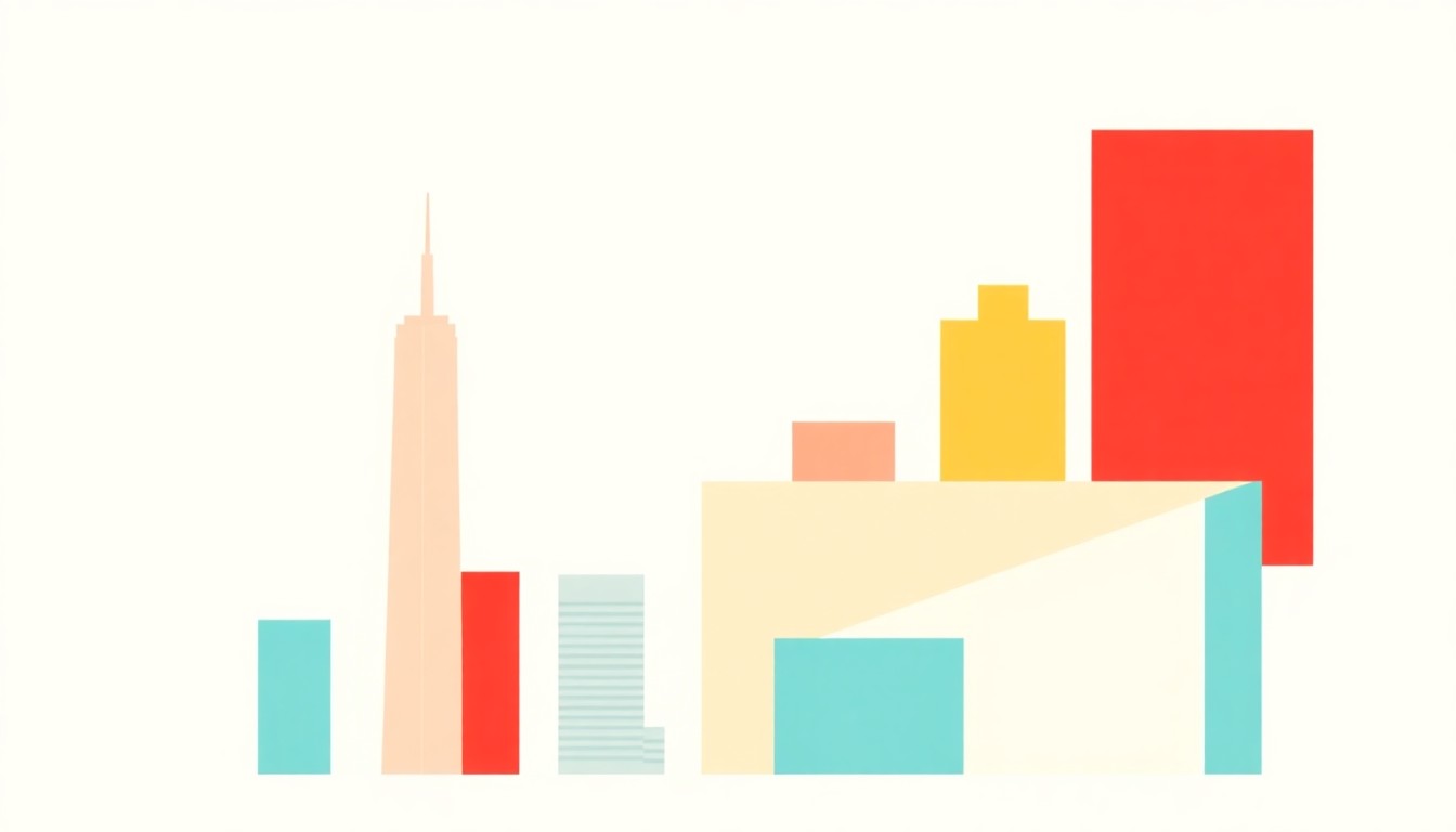 A geometric abstract illustration using bold shapes and primary colors to conceptually represent the impact of AI on New York City's tax base.
