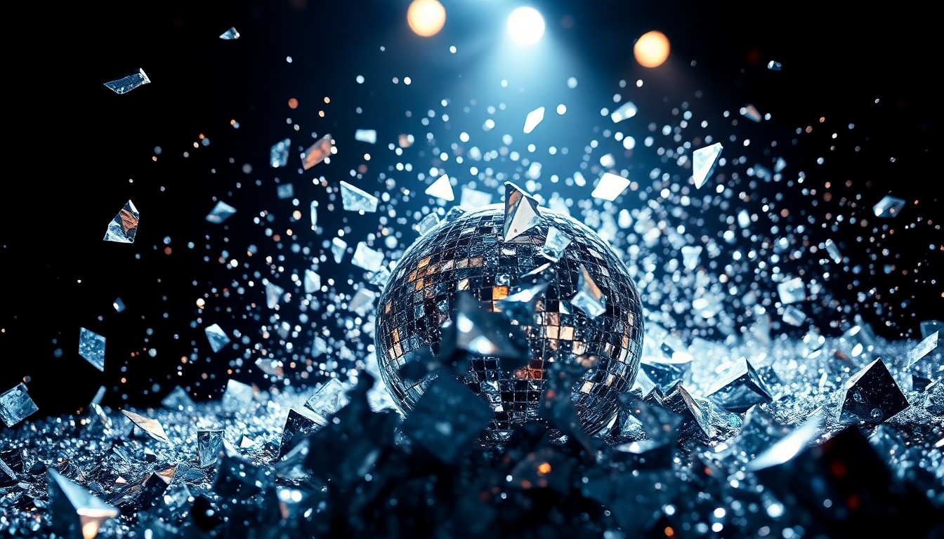An extreme close-up photograph of shattered glass fragments reflecting dramatic studio lighting, conceptually representing the technical difficulties of a major concert performance.