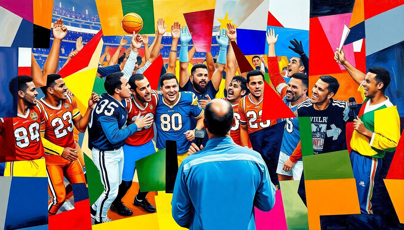 A fractured, cubist-style painting depicting a sports celebration scene broken down into sharp, overlapping geometric planes of bright colors, conceptually representing the unintended damage caused by players' exuberance.