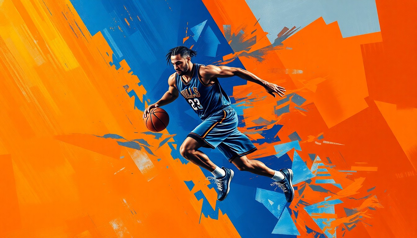A vibrant, abstract painting depicting a basketball player in motion, with overlapping geometric shapes and brushstrokes in shades of blue, orange, and silver, conveying a sense of dynamism and uncertainty surrounding the regulation of college sports.