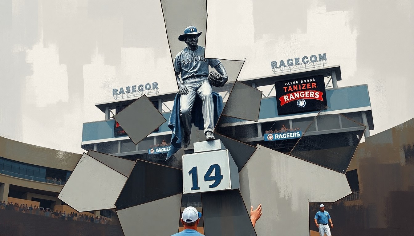 A fragmented, cubist-style painting depicting a Texas Ranger statue at a baseball stadium, its geometric shapes and muted colors conveying the complex history and debate surrounding the statue's presence.