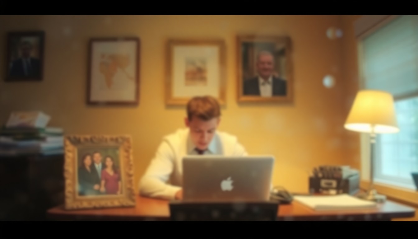 An extremely blurred, warm-toned photograph of a person working at a desk with a framed family photo in the foreground, conceptually representing the balance between work and family responsibilities.
