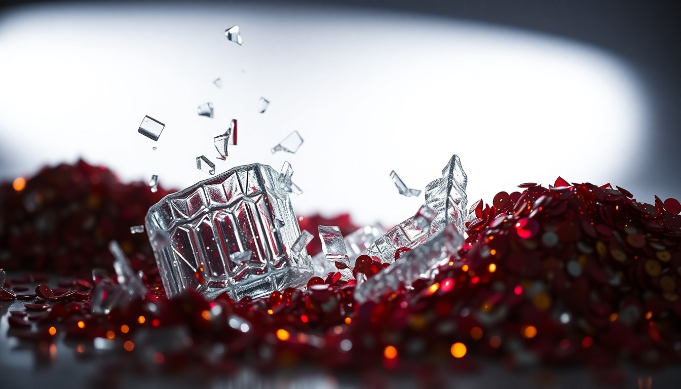 An extreme close-up photograph of shattered glass and glittering sequins, captured in dramatic high-contrast studio lighting to create a conceptual representation of the disruption of entertainment by political news.