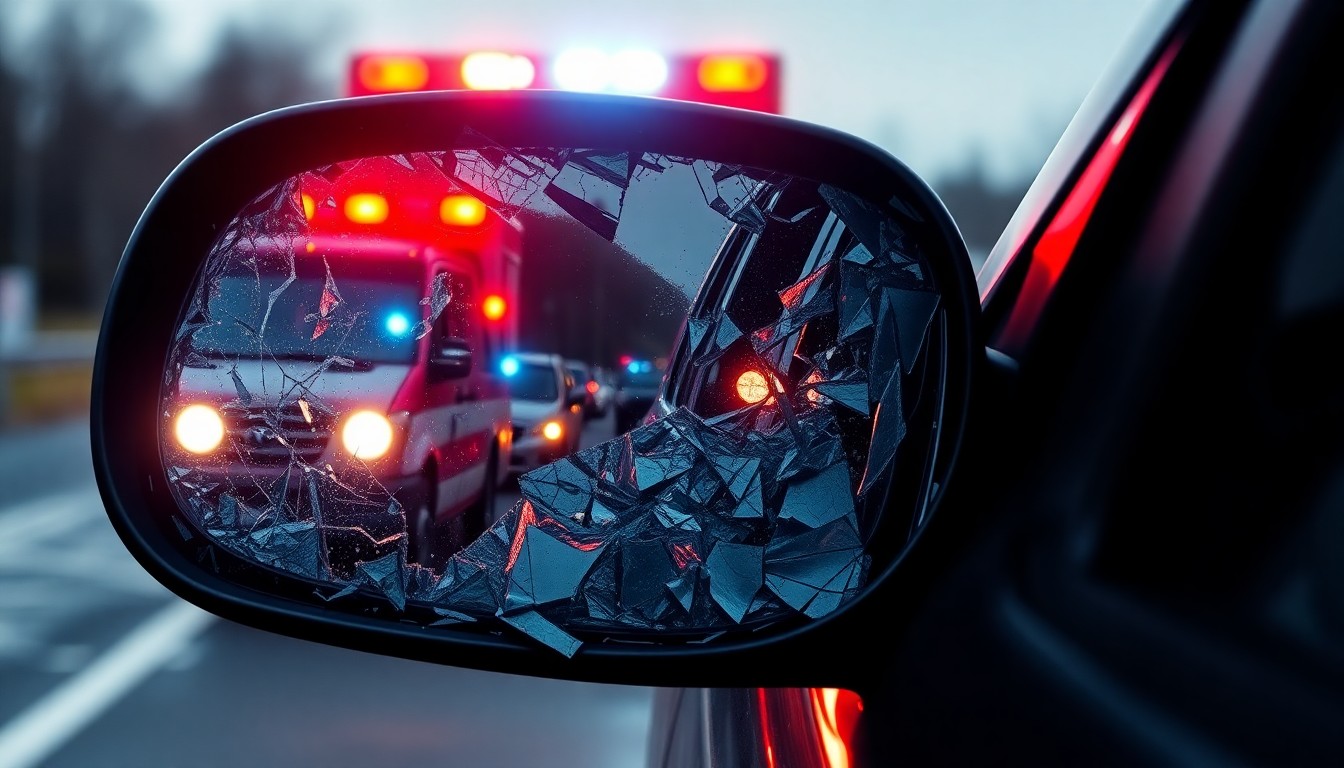 An extreme close-up photograph of a shattered car side mirror reflecting the flashing lights of an emergency vehicle, conceptually illustrating the aftermath of a pedestrian-vehicle collision.