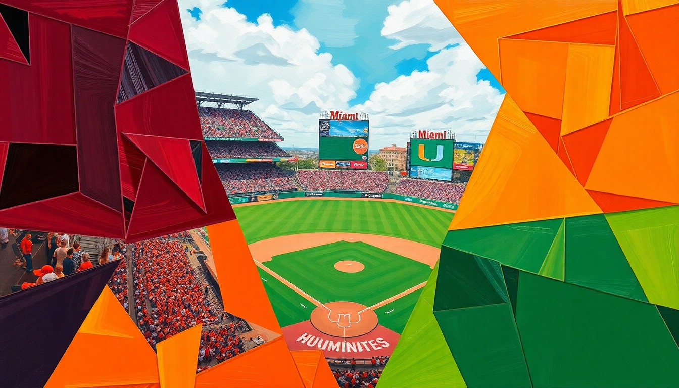 A cubist, geometric painting depicting a baseball game in progress, with the players and field fragmented into sharp, overlapping shapes and planes in the colors of the Virginia Tech Hokies and Miami Hurricanes.