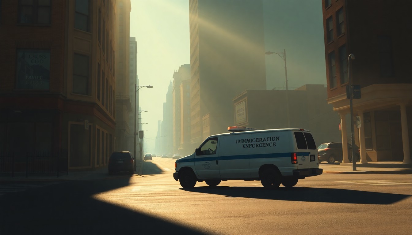 A photorealistic painting of a parked immigration enforcement vehicle on an empty city street, the vehicle's silhouette reflected in the warm glow of the afternoon sun, conceptually representing the disruption and fear caused by the 'Midway Blitz' operation in Chicago's Little Village.